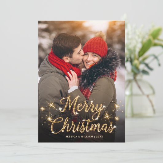 Merry Kerstmis Gold Sparkle Script PHOTO Greep Feestdagenkaart (Staand voorkant)