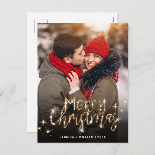 Merry Kerstmis Gold Sparkle Script PHOTO Greep Feestdagenkaart (Voorkant / Achterkant)