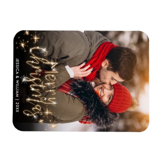 Merry Kerstmis Gold Sparkle Script PHOTO Greep Magneet (Horizontaal)