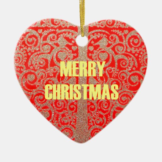 Merry Kerstmis Golden Red Snow Hearts Keramisch Ornament (Voorkant)
