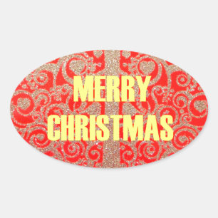 Merry Kerstmis Golden Red Snow Hearts Ovale Sticker
