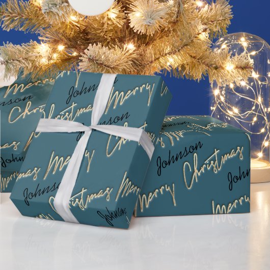 Merry Kerstmis Golden Script Name Black Blauwgroen Cadeaupapier (Feestdagen)