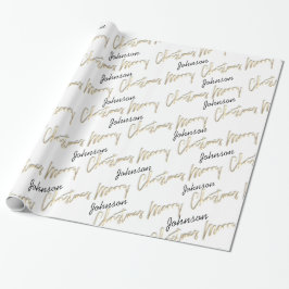 Merry Kerstmis Golden Script Name Black White Cadeaupapier