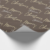 Merry Kerstmis Golden Script Name Brown Ivory Cadeaupapier (Hoek)