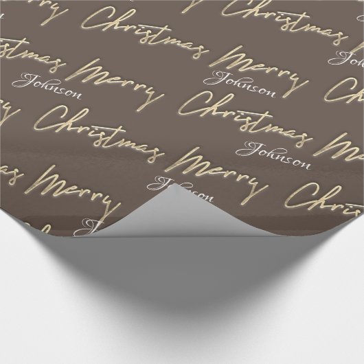 Merry Kerstmis Golden Script Name Brown Ivory Cadeaupapier (Hoek)