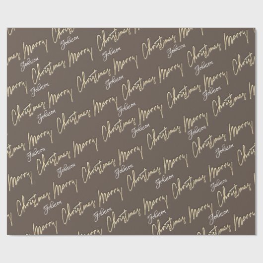 Merry Kerstmis Golden Script Name Brown Ivory Cadeaupapier (Vlak)
