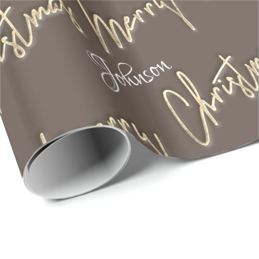 Merry Kerstmis Golden Script Name Brown Ivory Cadeaupapier (Rol Hoek)