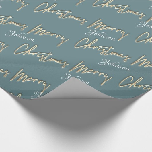 Merry Kerstmis Golden Script Name Smoky Aqua Blue Cadeaupapier (Hoek)