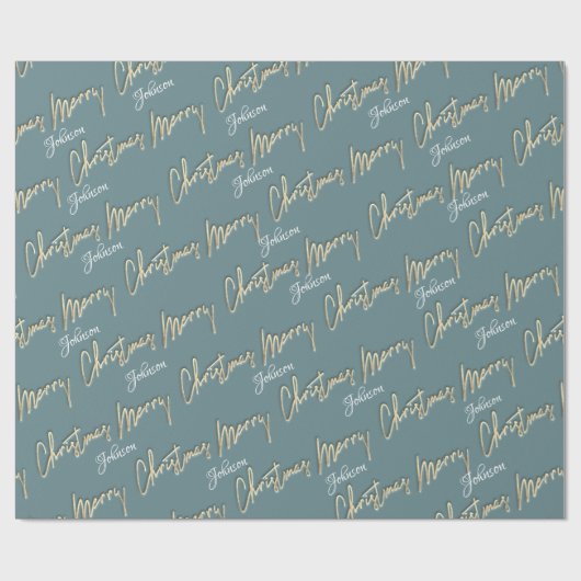 Merry Kerstmis Golden Script Name Smoky Aqua Blue Cadeaupapier (Vlak)