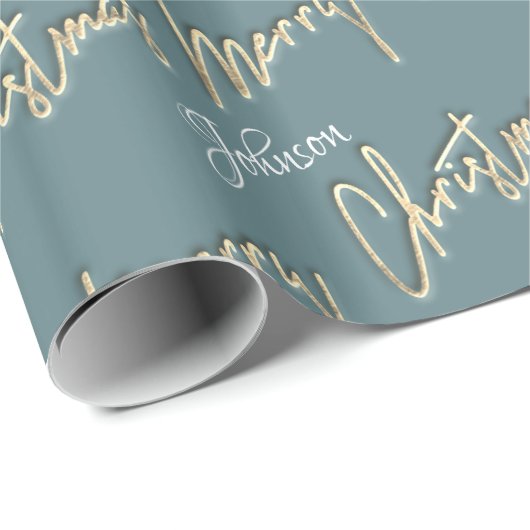 Merry Kerstmis Golden Script Name Smoky Aqua Blue Cadeaupapier (Rol Hoek)