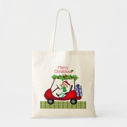 Merry Kerstmis Golf Cart Elf 1 Tote Bag (Voorkant)