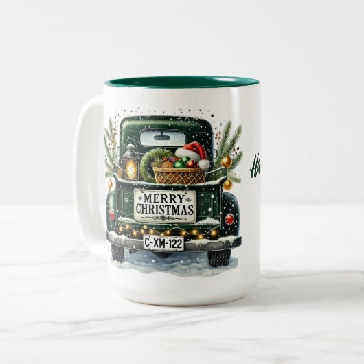 Merry Kerstmis  Green Truck Tweekleurige Koffiemok (Voorkant links)