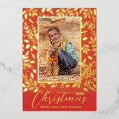 Merry Kerstmis Greenery Red Photo Gold Folie Feestdagenkaart (Voorkant)