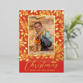 Merry Kerstmis Greenery Red Photo Gold Folie Feestdagenkaart (Staand Voorkant)
