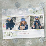 Merry Kerstmis Greenery Snowflakes Foto Collage Feestdagenkaart<br><div class="desc">Stuur uw kerstcadeautjes met deze elegante 3 fotovakantiekaarten. Pas het bericht,  de foto's,  de familienaam en de datum aan. Ontworpen door: Thisnotme©</div>