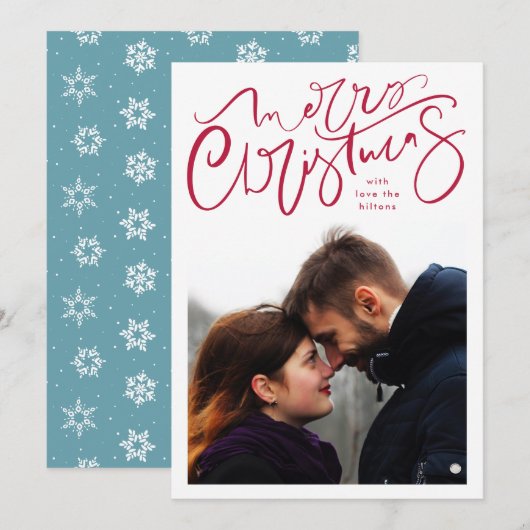 Merry kerstmis hand lettering red foto feestdagenkaart (Voorkant / Achterkant)