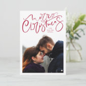 Merry kerstmis hand lettering red foto feestdagenkaart (Staand voorkant)