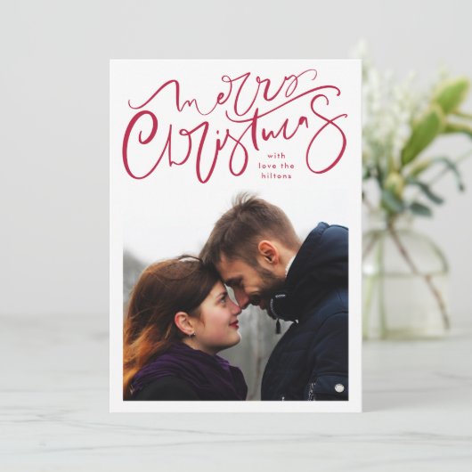 Merry kerstmis hand lettering red foto feestdagenkaart (Staand voorkant)