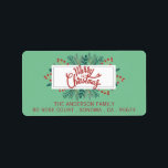 Merry Kerstmis Holly Boughs Green Return Address Etiket<br><div class="desc">Scripted Merry White met kerstbanner op heilig boughs Groene vakantierendugreeadresetiket. Pas uw familienaam en adres aan. Festief rood,  wit en groen op zwart.</div>