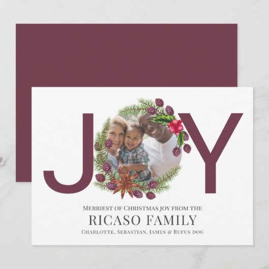 Merry Kerstmis Joy Plum Wreatfoto Card Feestdagenkaart (Voorkant / Achterkant)
