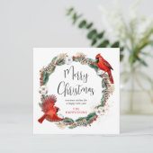 Merry Kerstmis Kardinaal Pine Greenery Wreath Feestdagenkaart (Staand voorkant)