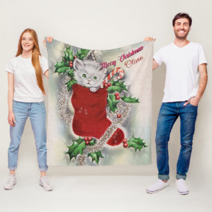 Merry Kerstmis Kitten Red Stocking Candy Cane Fleece Deken
