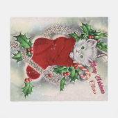 Merry Kerstmis Kitten Red Stocking Candy Cane Fleece Deken (Voorkant (Horizontaal))