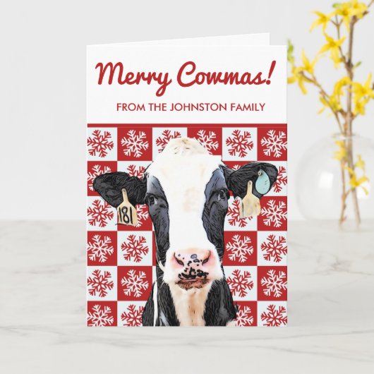Merry Kerstmis Koe Holstein Boerderij Snowflake Kaart (Gele Bloem)