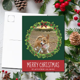 Merry Kerstmis met Cute Custom Dog Foto Green Briefkaart