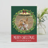 Merry Kerstmis met Cute Custom Dog Foto Green Feestdagenkaart (Staand voorkant)