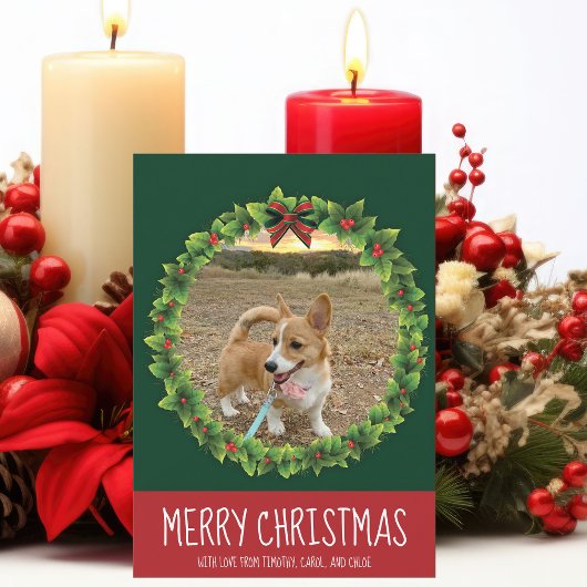 Merry Kerstmis met Cute Custom Dog Foto Green Feestdagenkaart