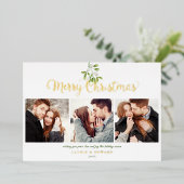 Merry Kerstmis Mistletoe 4 Foto Gold Folie Feestdagenkaart (Staand Voorkant)