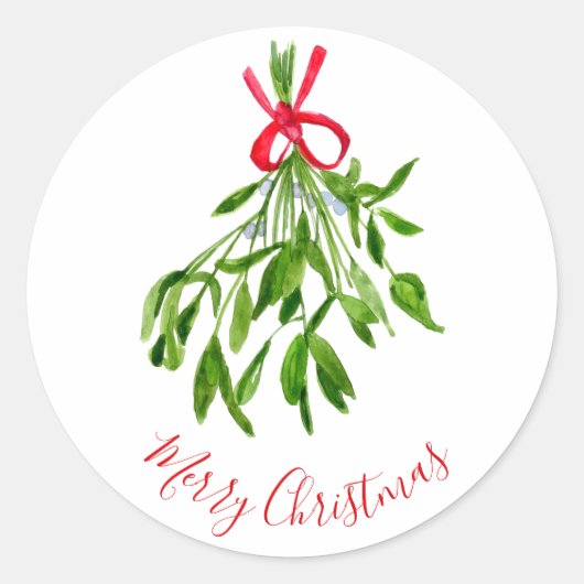 Merry Kerstmis Mistletoe Waterverf Greenery Ronde Sticker (Voorkant)