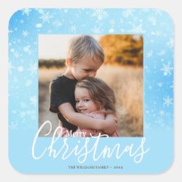 Merry Kerstmis Modern Foto Snowy Winter Blue Vierkante Sticker