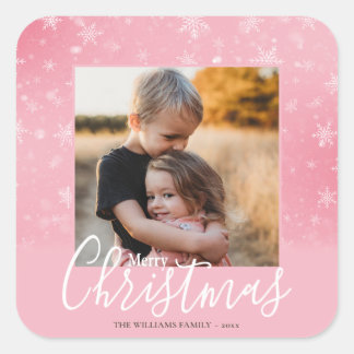 Merry Kerstmis Modern Foto Snowy Winter Pink Vierkante Sticker