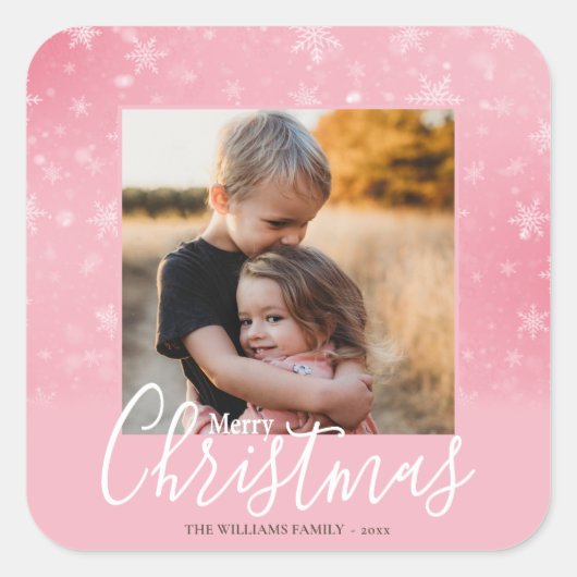 Merry Kerstmis Modern Foto Snowy Winter Pink Vierkante Sticker (Voorkant)