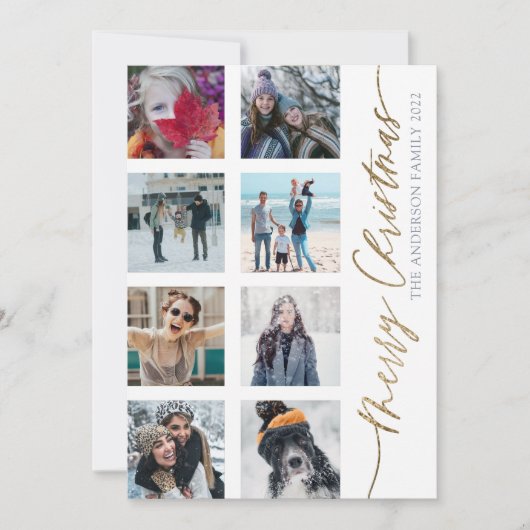 Merry Kerstmis Modern Gold Script 8 Foto Collage Feestdagenkaart (Voorkant)