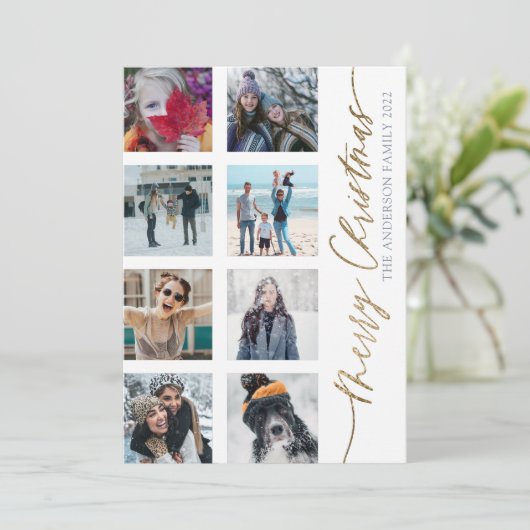 Merry Kerstmis Modern Gold Script 8 Foto Collage Feestdagenkaart (Staand voorkant)
