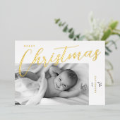 Merry Kerstmis Modern Gold Script-foto Folie Feestdagenkaart (Staand Voorkant)