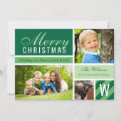 Merry Kerstmis Modern Green Initiaal Foto Collage Feestdagenkaart (Voorkant)