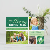 Merry Kerstmis Modern Green Initiaal Foto Collage Feestdagenkaart (Staand voorkant)