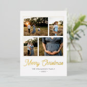 Merry Kerstmis Modern Green Script 4 Foto Gold Folie Feestdagenkaart (Staand Voorkant)