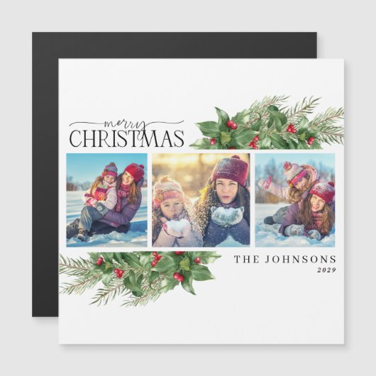 Merry Kerstmis Modern Holly Berry Photo Magnet (Voorkant / Achterkant)