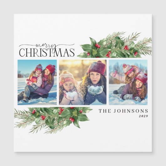 Merry Kerstmis Modern Holly Berry Photo Magnet (Voorkant)