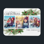 Merry Kerstmis Modern Holly Berry Photo Magnet Magneet<br><div class="desc">Viel de heerlijkste tijd van het jaar met onze prettige kerst moderne Holly Berry-fotomagneet! Deze prachtige kaart bevat een verbluffend collage van drie foto's samen met de moderne waterverf groen en feestelijke holly berry-motieven. De perfecte manier om je vrienden en geliefden een vakantiewenk te sturen, is deze kaart zeker om...</div>
