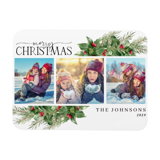 Merry Kerstmis Modern Holly Berry Photo Magnet Magneet (Horizontaal)