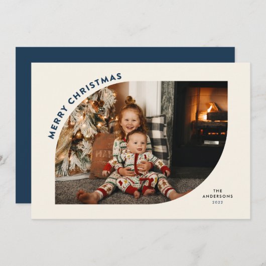 Merry Kerstmis Modern Lijst Blue Letters Feestdagenkaart (Voorkant / Achterkant)