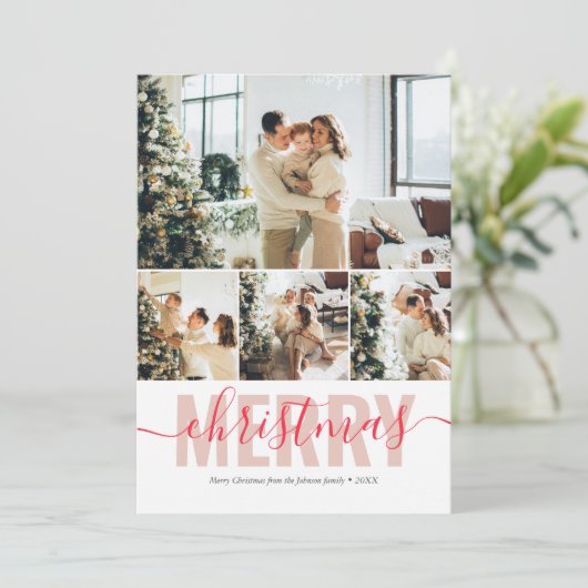 Merry Kerstmis Modern Photo Collage Feestdagenkaart (Staand voorkant)
