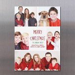 Merry Kerstmis Modern Photo Collage Magnet Card<br><div class="desc">Deze schattige,  trendy Merry Kerstmagnet-kaart biedt een moderne lay-out van vijf familiefoto's op een witte achtergrond met rode typografie. Deze prachtige foto-magnetische vakantiekaart is voorzien van uw eigen fotocollage met uw boodschap en familienaam in het groen.</div>