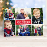 Merry Kerstmis Modern Red Photo Collage Feestdagen Kaart<br><div class="desc">Eenvoudige en moderne kerstkaart met opvouwbare stijl,  met zes (6) foto's,  aangepaste tekst in alle richtingen,  strakke strepen en een sneeuwvloed design-accent aan de binnenkant. Kleuren: vakantierood en wit</div>